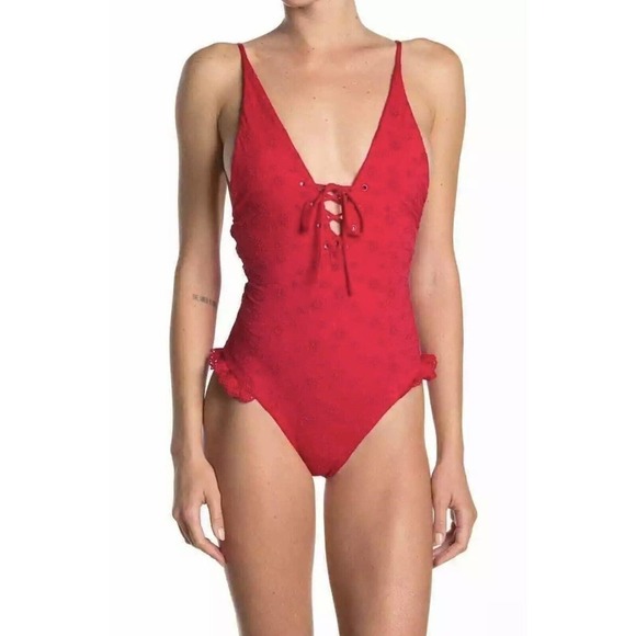 bond-eye Other - NWT BOND-EYE AUSTRALIA Eyelet Lace-Up One-Piece Swimsuit Women’s Red Sz-L